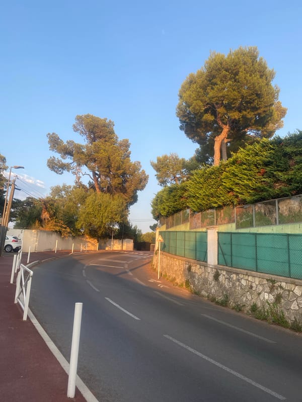 Golden-hour drive along the Antibes coastline at sunset