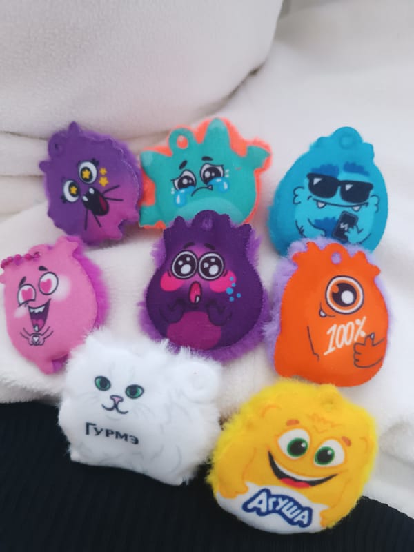 Person displays collection of colorful plush monster keychains