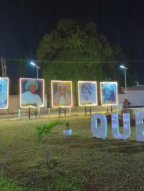 Illuminated memorial portraits displayed at night in Nigerian park