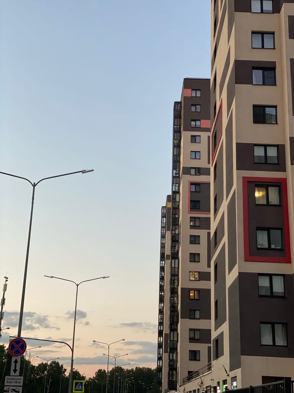 Evening stroll through Kudrovo's modern residential district with a poodle