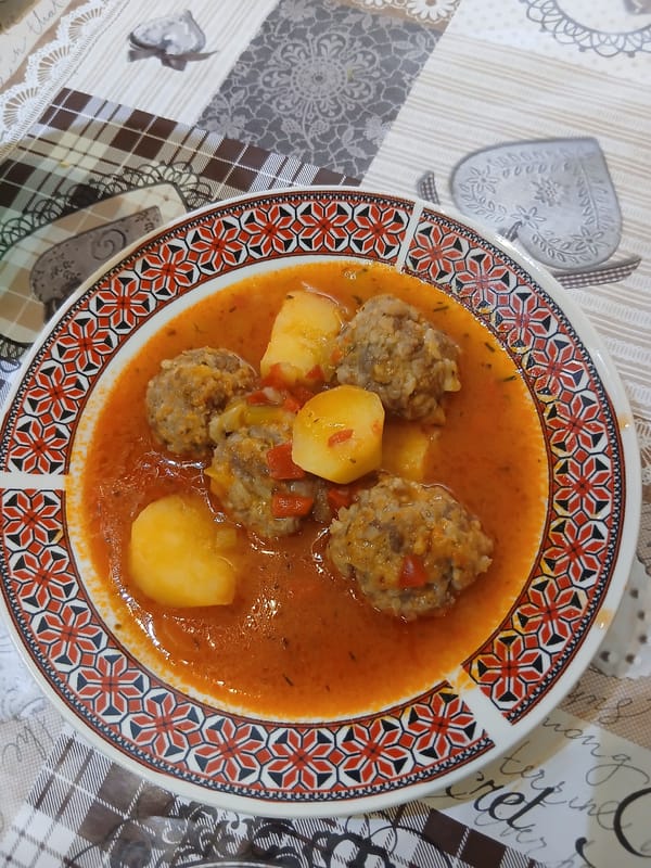 Meatball meal photographed in Sliven, Bulgaria