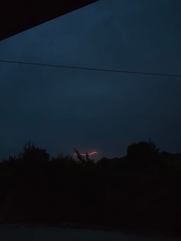 Lightning splits the night sky above a dark treeline.