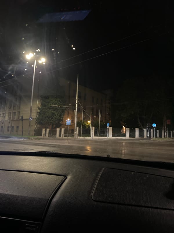 Night drive through wet Pleven streets