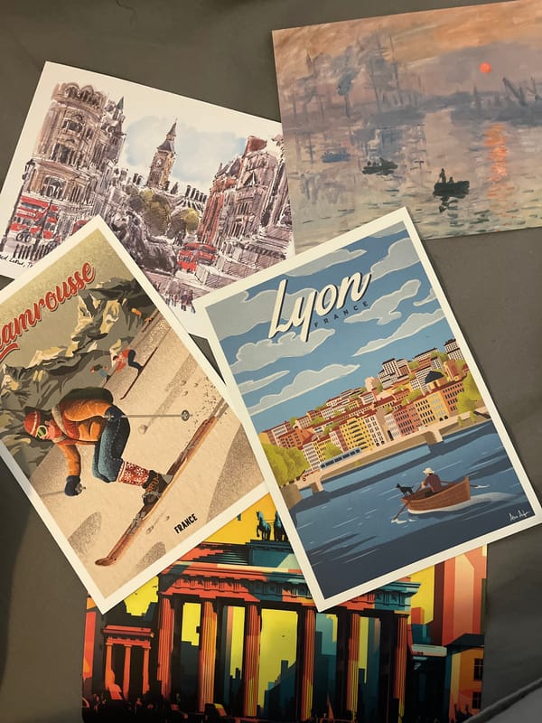 Art prints and postcards photographed in Lyon gallery