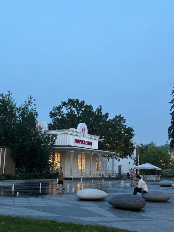 Evening scenes captured near Moscow ice cream stand and orchard