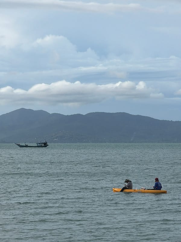 Overcast morning at Baan Mae Nam: beach, buffalo, watermelon, sketches