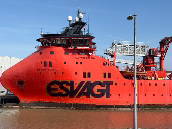 Offshore vessel docked in Gorleston amid spring afternoon scenes