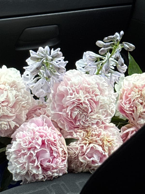 Fresh flower bouquet riding along in a car in Izhevsk