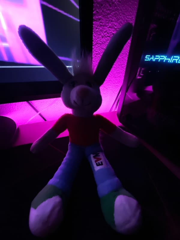 Plush rabbit toy photographed indoors in Zlatograd, Bulgaria