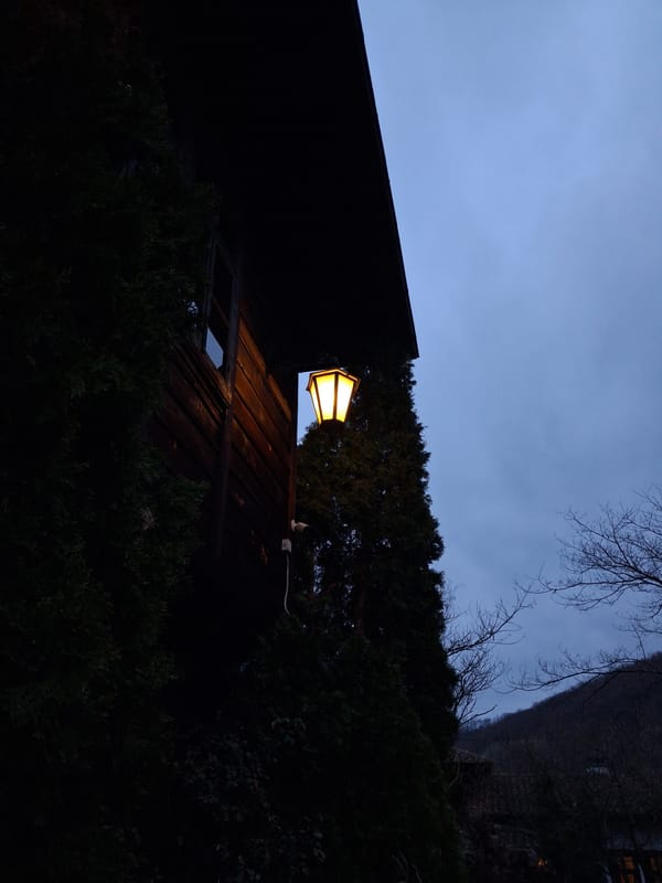Traditional architecture documented at twilight in Katunishte, Bulgaria