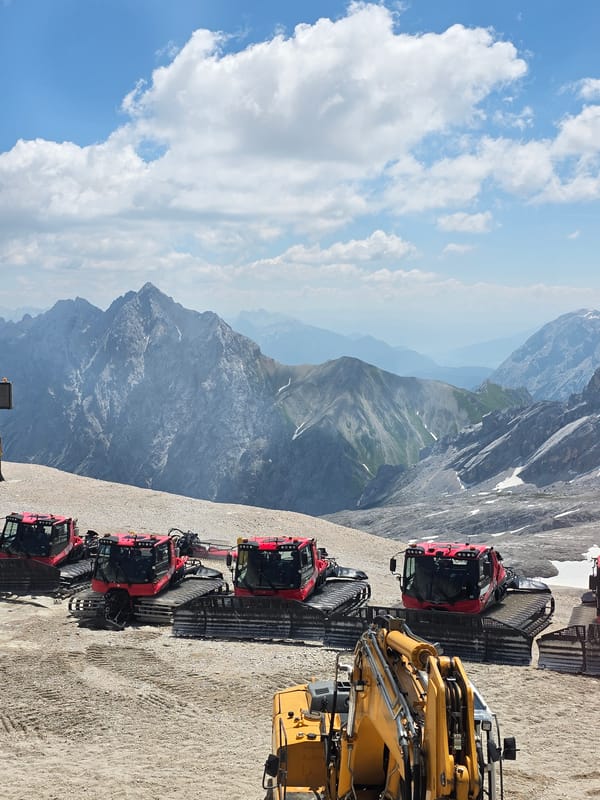 Alpine viewpoint and snowcat depot above Garmisch-Partenkirchen