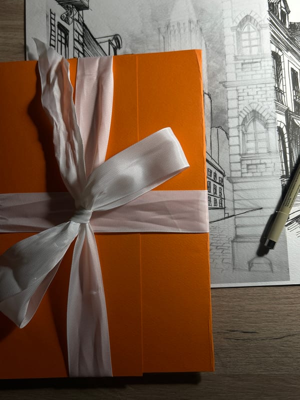 Architectural workspace with orange ribbon-tied box documented in Sofia