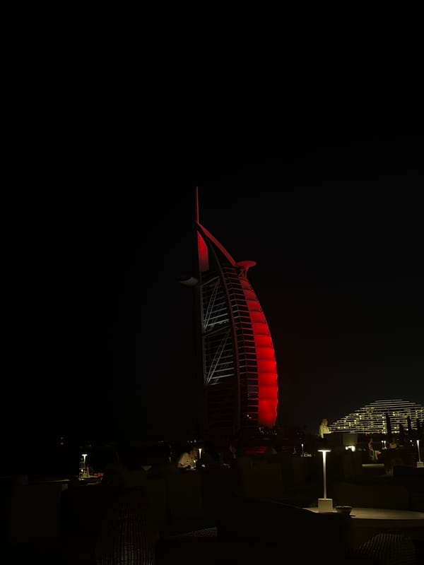 Dubai Water Canal Bridge illuminated with red lights at night