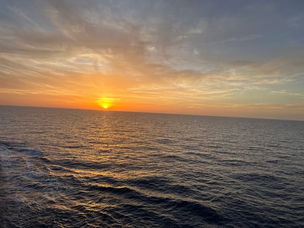 Sunset observed from cargo ship deck in Mediterranean waters