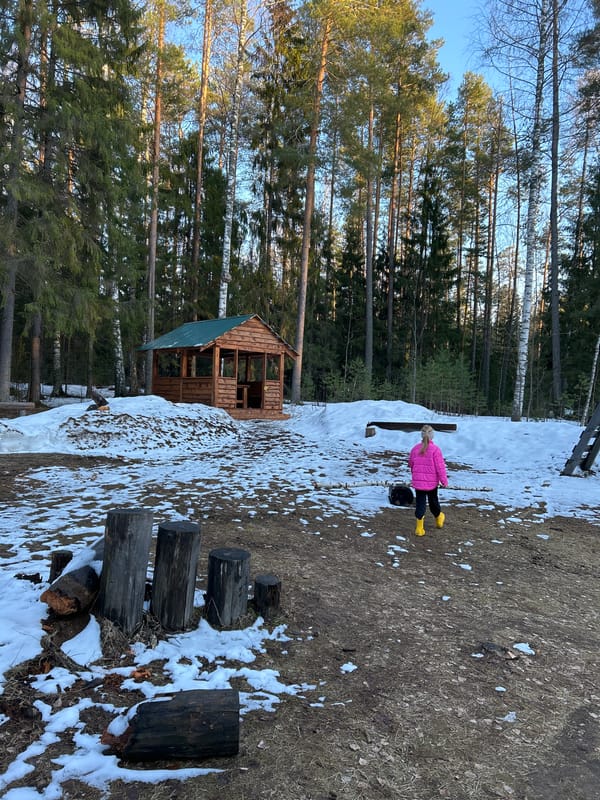 Mother, daughter visit snowy forest playground near Noviy, Russia