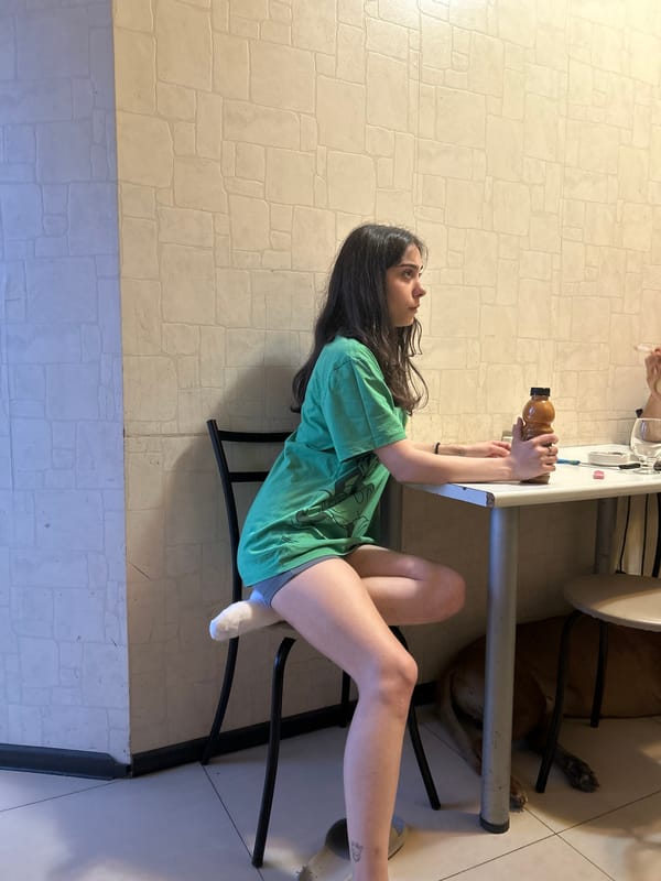 Domestic scenes with woman, dog, fantasy art documented indoors