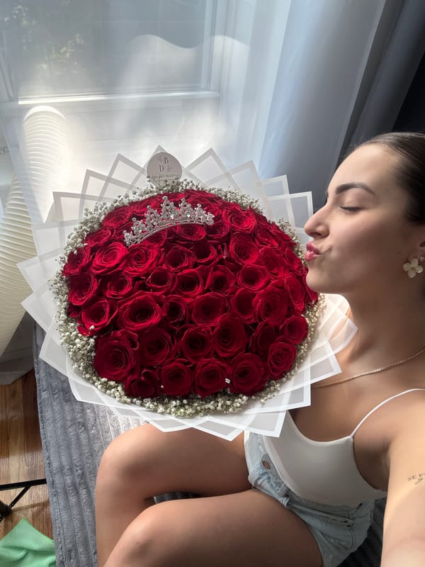 Red roses and a tiara bouquet, up close in New York