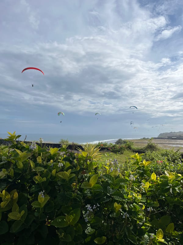 Paragliders fill skies above Kuta Selatan coast