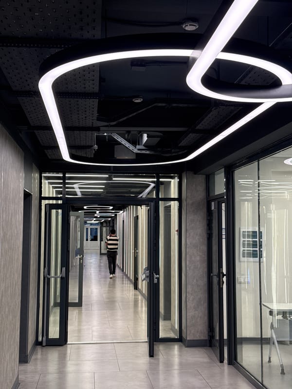Neon light installation viewed from building upper level in Moscow