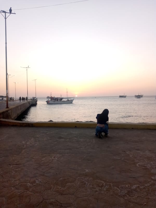 Boats silhouetted at sunset captured near Juan Griego, Venezuela