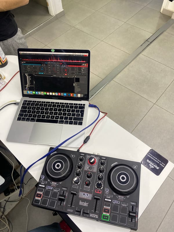 DJ equipment setup observed at Ushuaia barbershop location