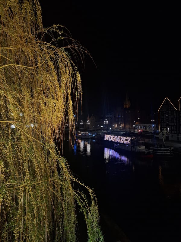 Bydgoszcz riverside displays illuminated city name at night