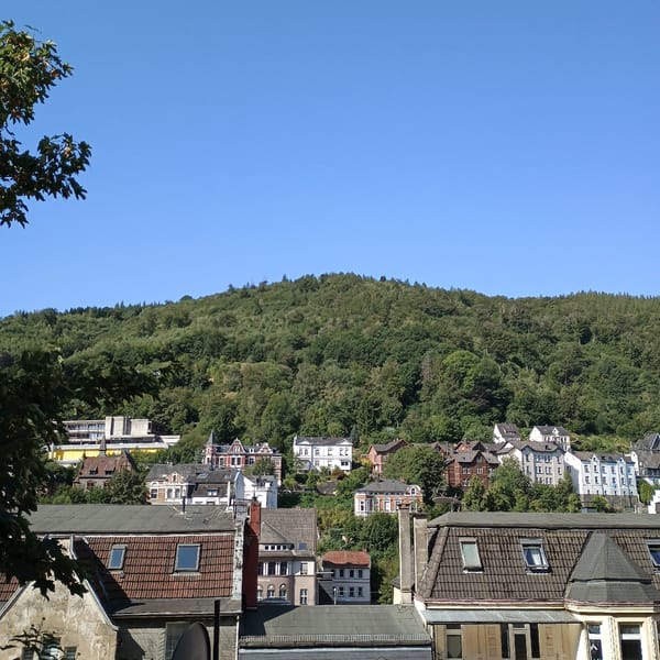 Altena rooftops and wooded hillside on a clear summer morning