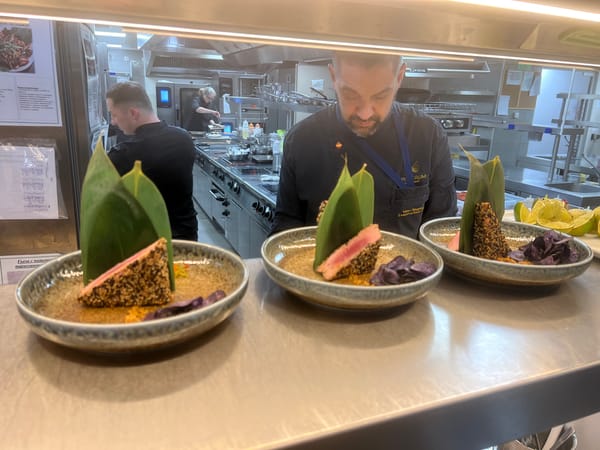 Chef prepares ramen and seared tuna at Sofia restaurant