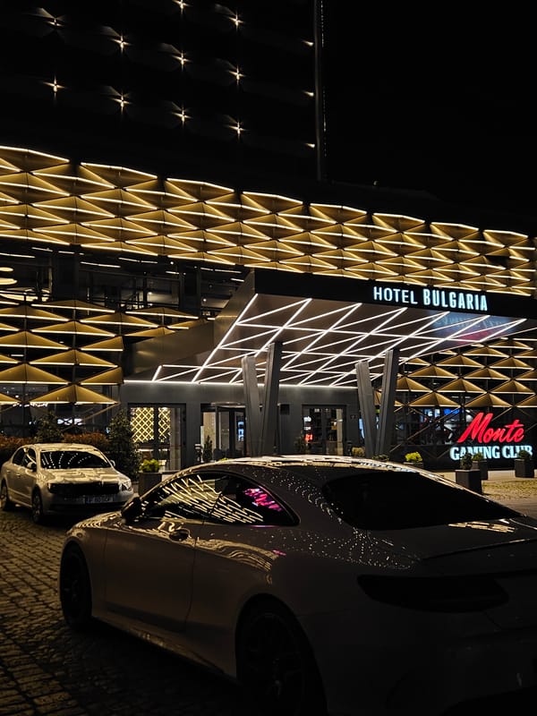 Hotel Bulgaria's geometric light display photographed in Burgas