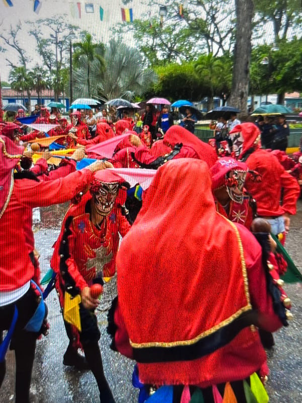 Tinaquillo street festival, red costumes and bougainvillea in bloom