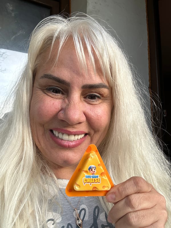 Woman poses with novelty snacks in Sofia selfie session