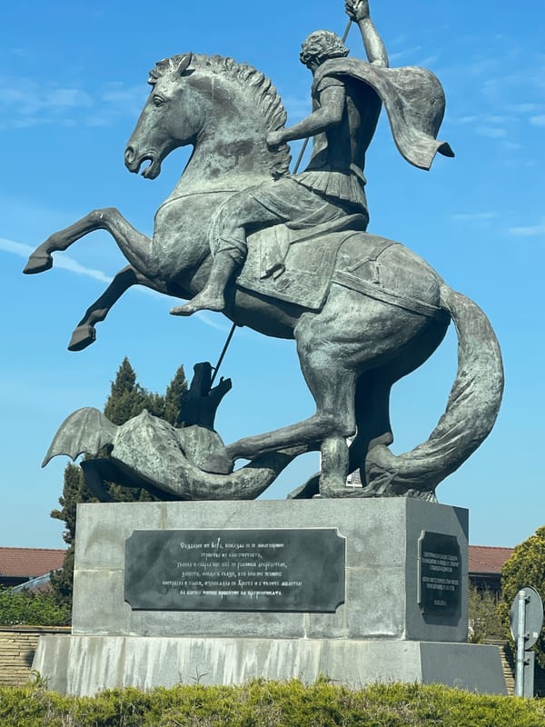 Bronze Saint George statue observed in Pomorie, Bulgaria