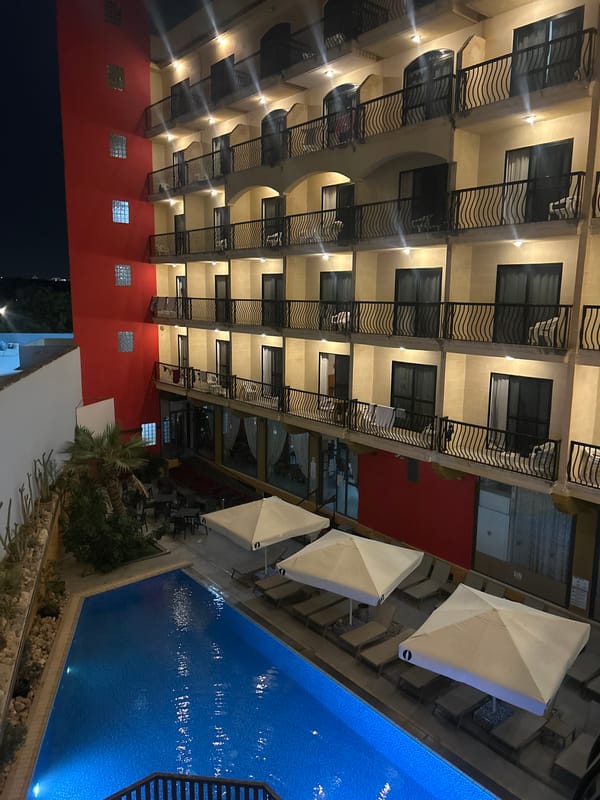 Hotel observed at night in Saint Paul's Bay, Malta