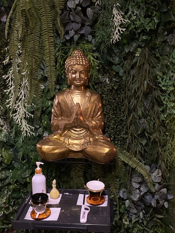 Interior space with Buddha statue and lighting documented in Izhevsk