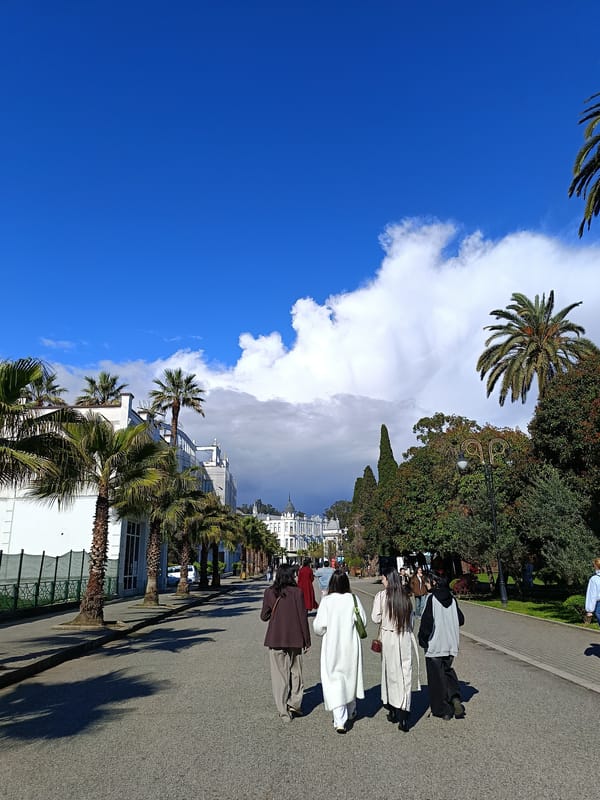 Women walk palm-lined streets in Sokhumi, Abkhazia