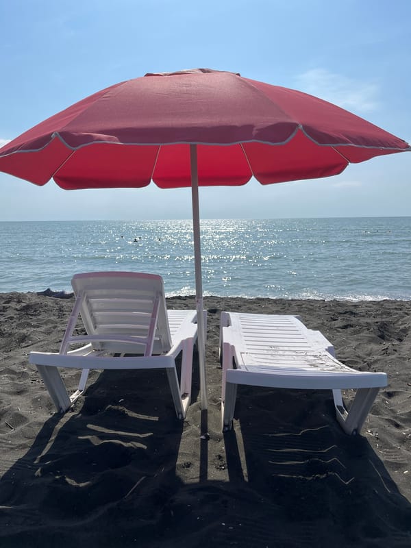 Ureki's black sand beach: chairs, shells, and shoreline details