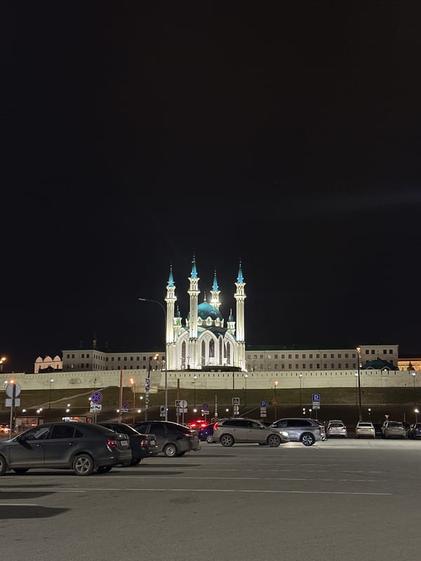 Nighttime scenes captured at Kazan's Qolşärif Mosque district