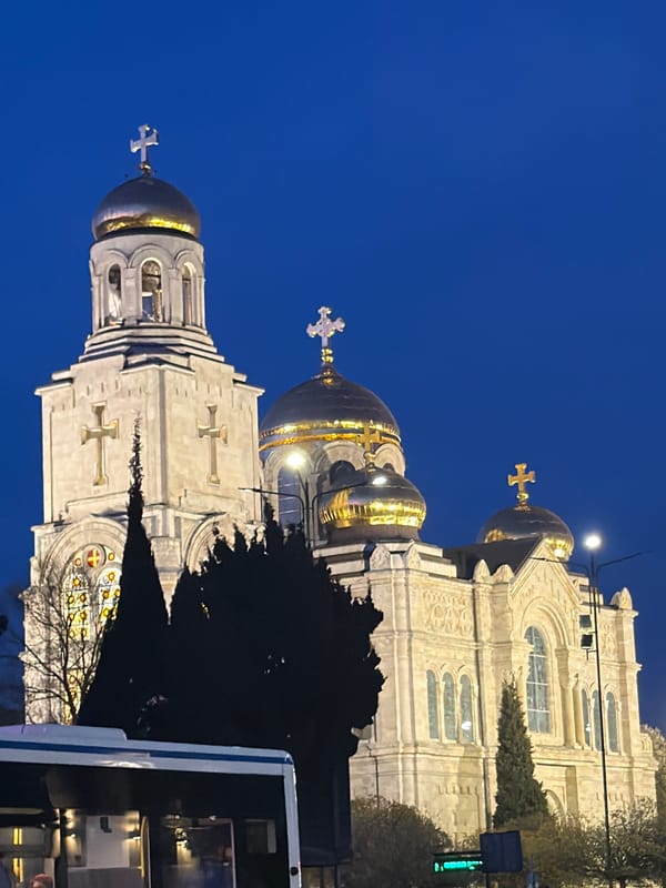 Cathedral's golden domes photographed at night in Varna