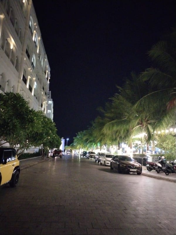 Nha Trang hotel strip at night, palm lights and courtyard details