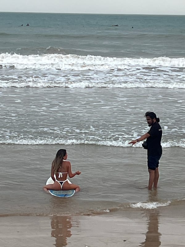 Surfboard shoot in shallow water, Peleana beach, overcast skies