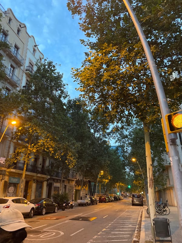 Barcelona's Eixample district at dusk, late June evening