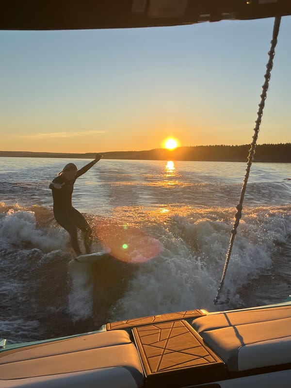 Wake surfing at golden hour on a Russian lake