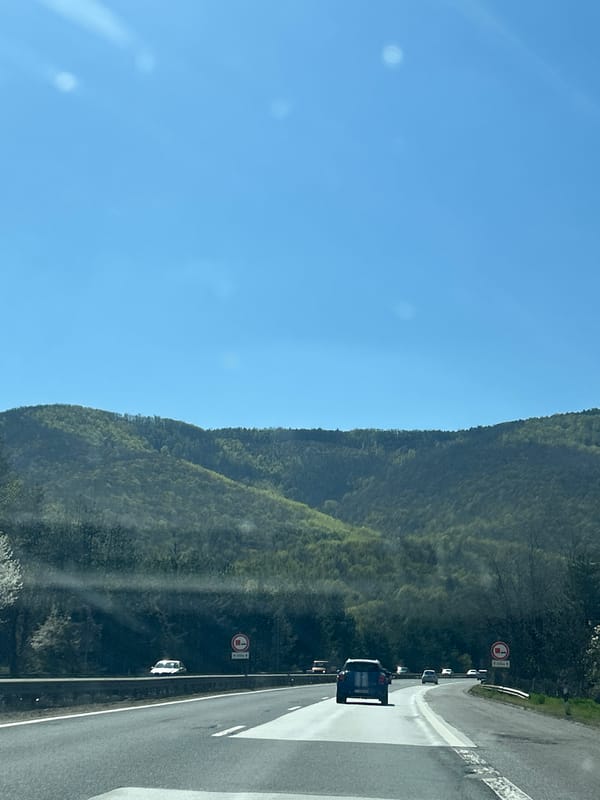 Vehicles navigate mountain road near Dolno Varshilo, Bulgaria