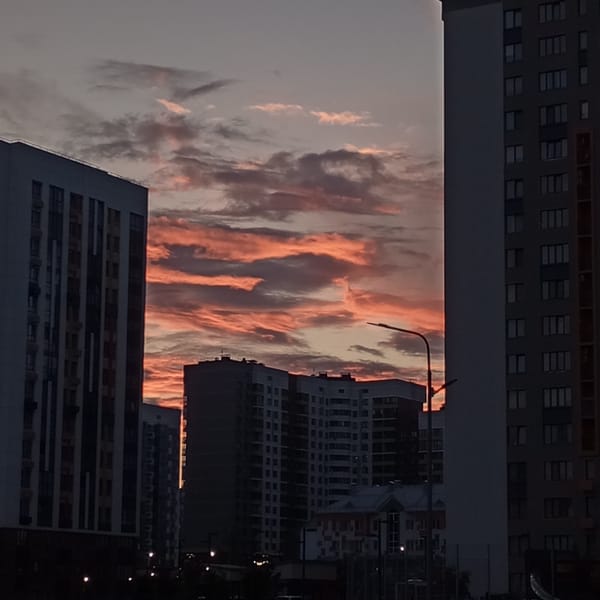 Dramatic sunset sky captured over residential Izhevsk, Russia