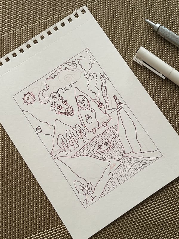 Morning captures: fantasy artwork and resting poodle documented