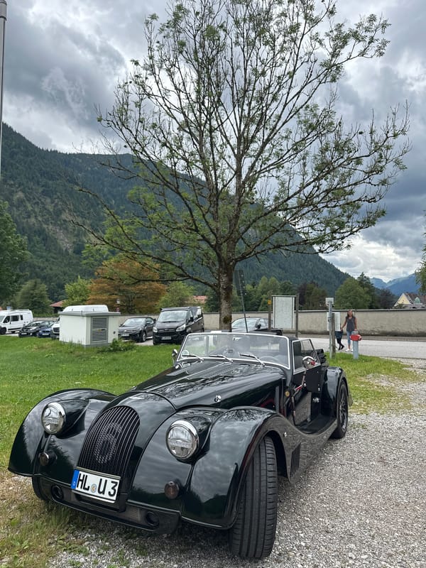 Classic Morgans parked up in the Bavarian Alps