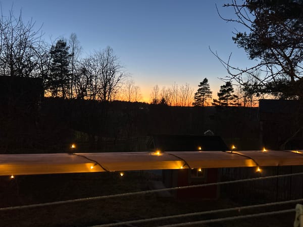 String lights illuminate wooden railing during twilight in Gränsta