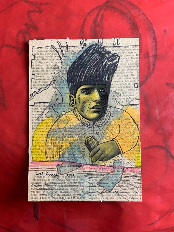 Collage portraits and quantum-themed prompt cards spread across red surfaces