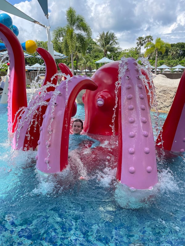 Swimmer plays with octopus water feature at Thai water park