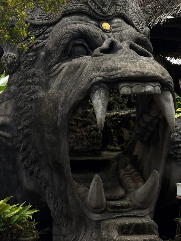 Tourist documents temple grounds and Gorilla Cafe in Tembuku